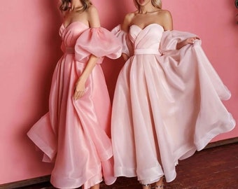 Off-Shoulder organza Prom Gown. Chic Bridesmaid Midi. Fairy Party midi Dress draped evening gown wide-sleeve with corset. Coctail dress.