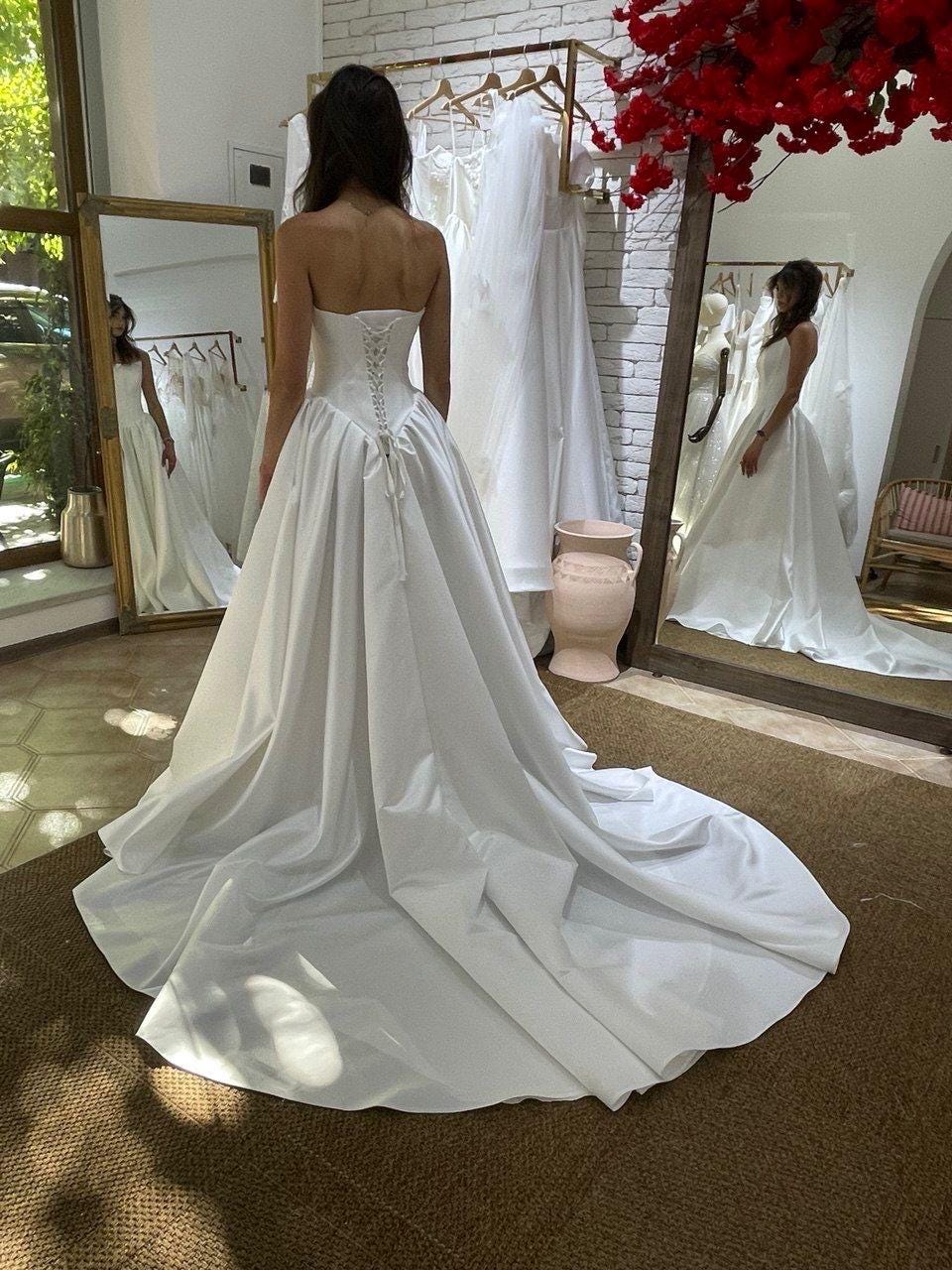 aliexpress satin corset basque waist long wedding dress Satin Wedding Dress with Corset Bodice, Basque Waist, A-Line Skirt and Train, Elegant Bridal Gown, Minimalist Strapless Dress
