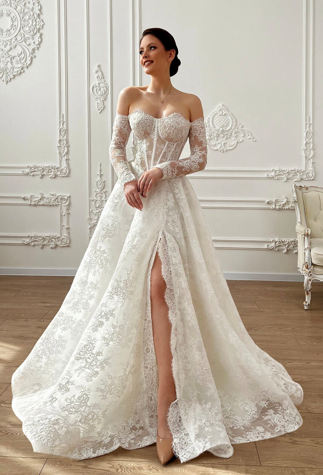 Elegant Off shoulder White Bridal Gown With Delicate Lace Timeless 