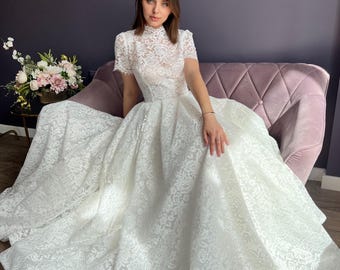 a line wedding dress short sleeves A-Line Lace V-Neck Short Sleeves Wedding Dresses – Angrila