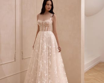 PLUMINO Wedding Dress – Romantic Lace A-Line Gown with Corset Bodice