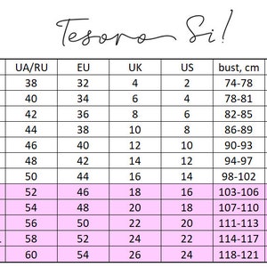 May include: A size chart for women's clothing with columns for standard size, plus size, UA/RU, EU, UK, US, bust, waist, and hips. The chart shows the corresponding sizes in centimeters for each size category.