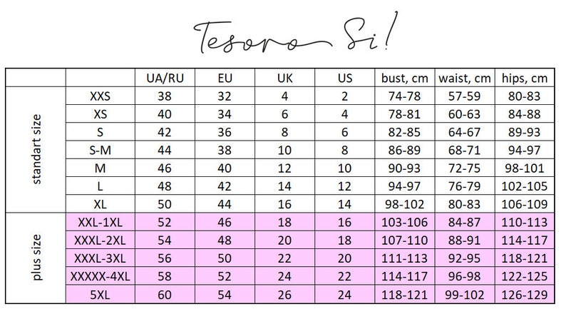 May include: A size chart for women's clothing with columns for standard size, plus size, UA/RU, EU, UK, US, bust, waist, and hips. The chart shows the corresponding sizes in centimeters for each size category.