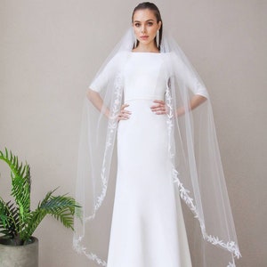 Bridal dress Off-Shoulder Fitted Waist Classic Wedding Dress Long Sleeve Zip Back Crepe Wedding Dress reception dress Second Wedding Dress image 1