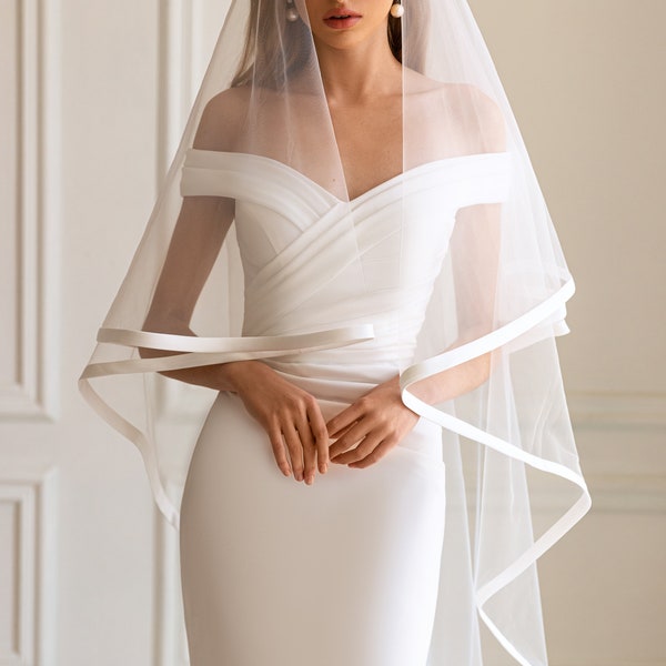 Elegante velo da sposa con finiture in raso - Classico larghezza 150 cm, tulle di alta qualità, sofisticato accessorio da sposa velo a due livelli