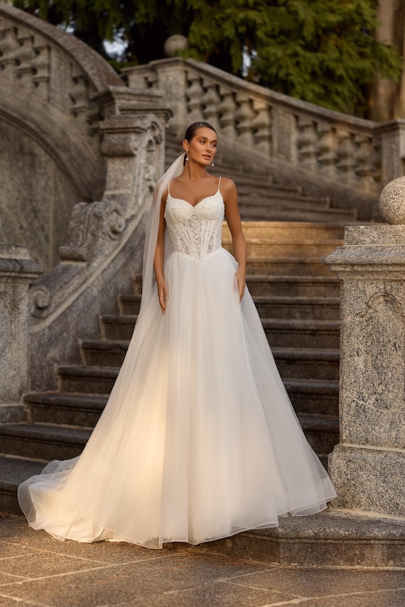 beaded bodice tulle skirt wedding dress Lace Corset A Line Bridal Gown Elegant Romantic Bridal Dress Off White Sizes tea-length Rails | Isabelle Dress Pants:21/22