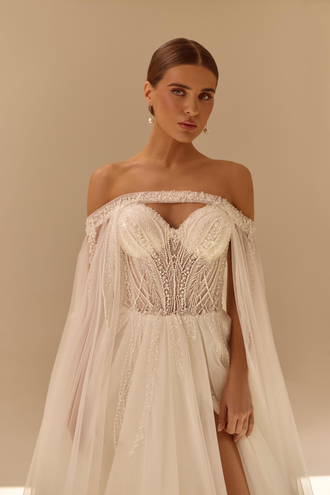 off the shoulder wedding dress with cape Floral Organza Jacquard Bridal Cape - Lola Cape