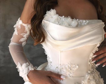 Off-Shoulder Mikado Wedding Dress with Floral Appliqué, Hand-Beaded Pearls, Detachable Sleeves & Train - Elegant Bridal Gown