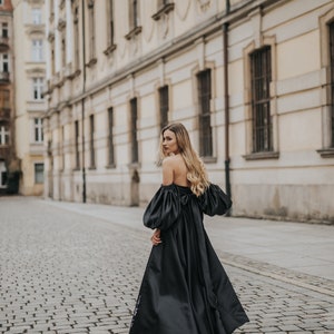 Elegant Black Satin Evening Gown with Lantern Sleeves and Slit Prom Dress, Guest party dress, Formal Ball Gown, graduation dress image 4