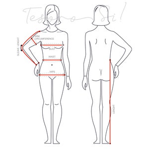 May include: A white diagram with a front and back view of a person, illustrating body measurements. Red lines indicate sleeve length, arm circumference, bust, waist, hip circumference, and skirt length. Text includes "Teso Si!" and measurement labels.