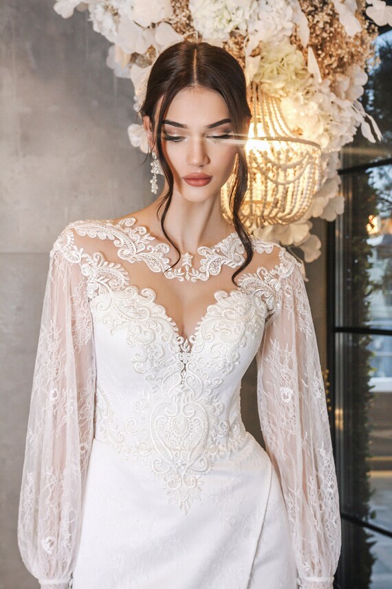 Elegant Modern Wedding Gown With Sheer Sleeves and Chic Embroidery,  Romantic Boho Bridal Dress, Unique Custom Graceful Bride Dress - Etsy