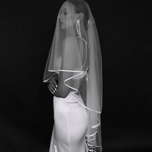 Satin edge veil, bridal veils cathedral, bridal cascading veil, 2 tier knee length veil Simple sheer veil, Chapel double tire cathedral veil