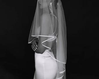 Satin edge veil, bridal veils cathedral, bridal cascading veil, 2 tier knee length veil Simple sheer veil, Chapel double tire cathedral veil
