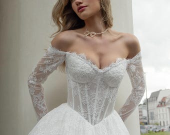 Lace Wedding Dress, Off Shoulder Long Sleeve Bridal Gown with Corset, Romantic Lace Ball Gown with Train, Vintage Elegant Wedding Dress
