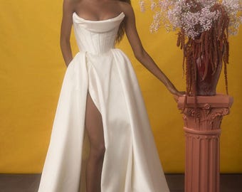 CUSTOM! Stunning Off-Shoulder Satin Bridal Gown with Train | Classic White Floor Wedding Dress, Elegant Mikado Satin Ball Gown for Brides