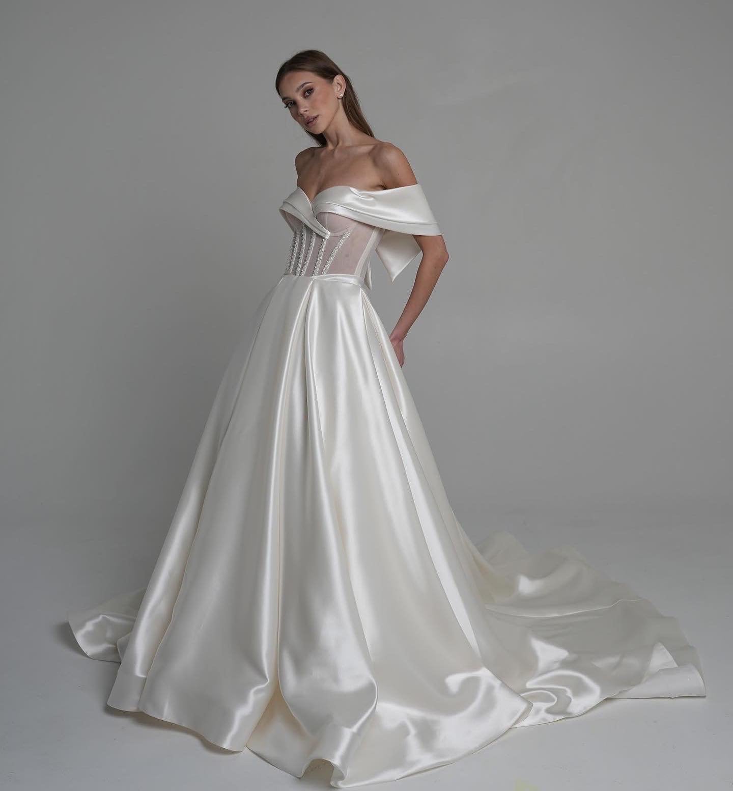 satin princess wedding dress Princess Off Shoulder Wedding Dress Satin With Pockets
