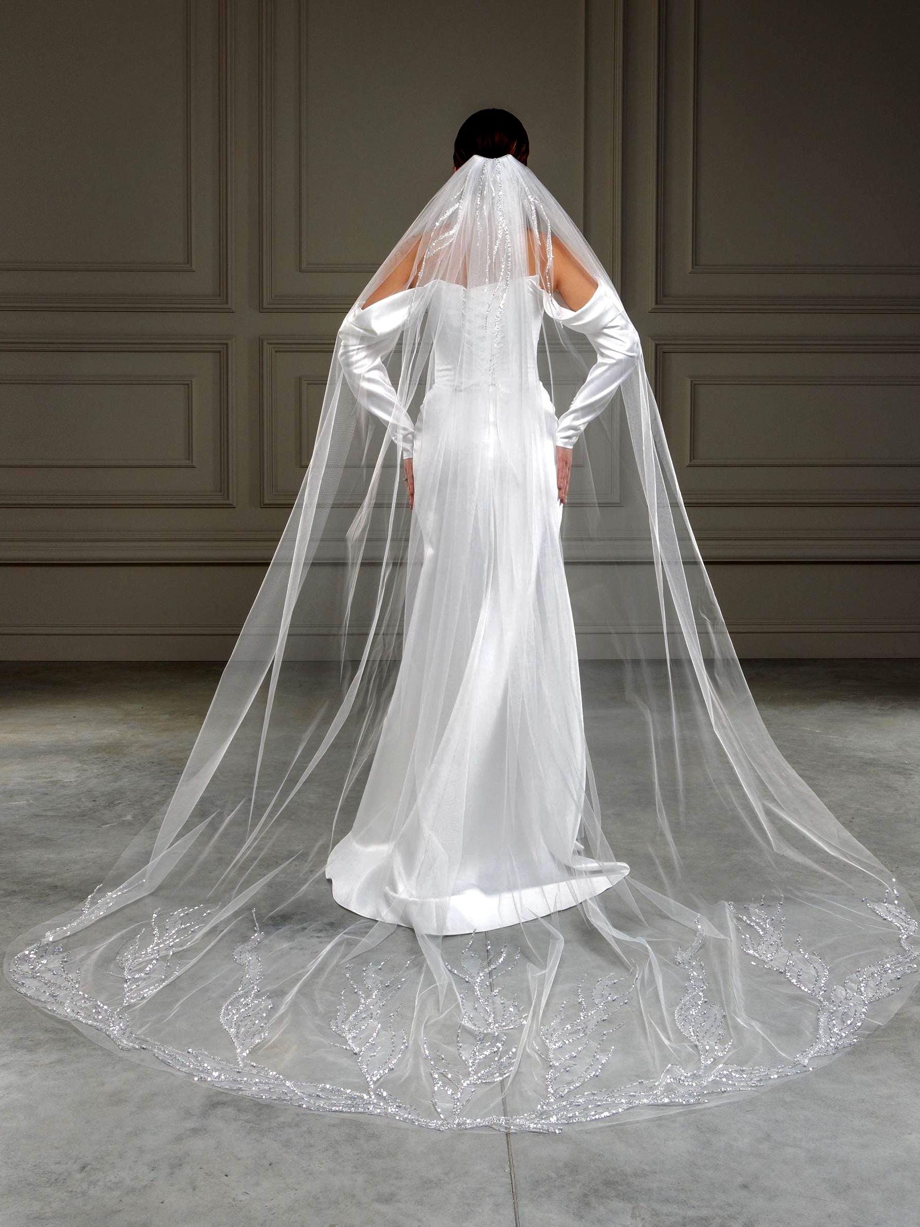 Handmade White Bridal Veil with Beaded Crystal Edge - Classic Wedding Accessory IMG_0304.jpg?v=1731259766 main image 4