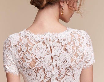 Lace Wedding Bolero – Chantilly Lace Bridal Top – Sheer Lace Cover Up – Short Sleeve Wedding Jacket – Romantic Lace Shrug – Button Back Brid