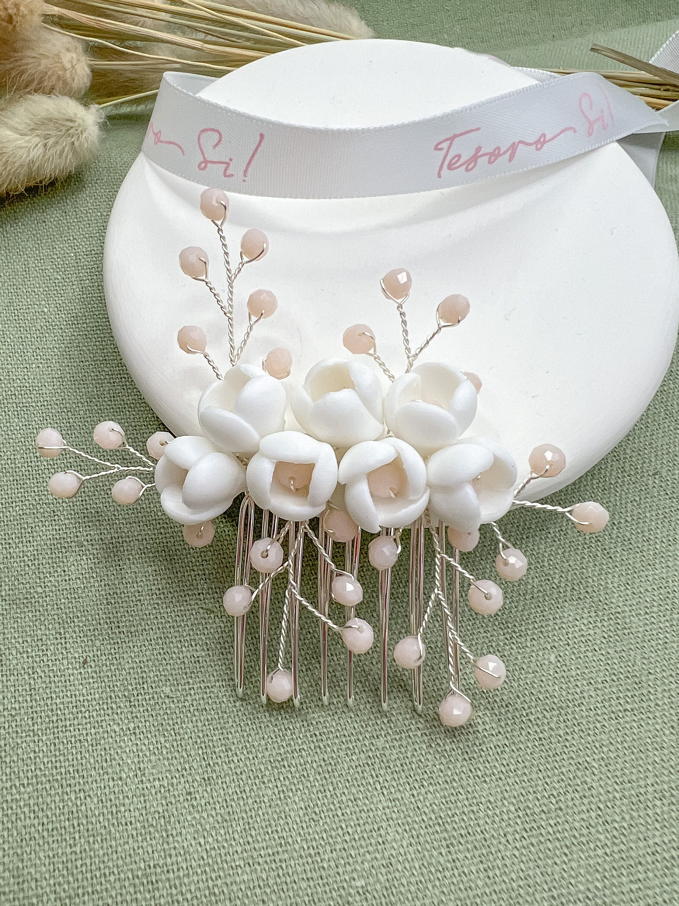 NEW Ceramic Floral comb Bridal White headp… Ceramic Flower Small Bridal Hair Comb, White Flower Branch  main image 3
