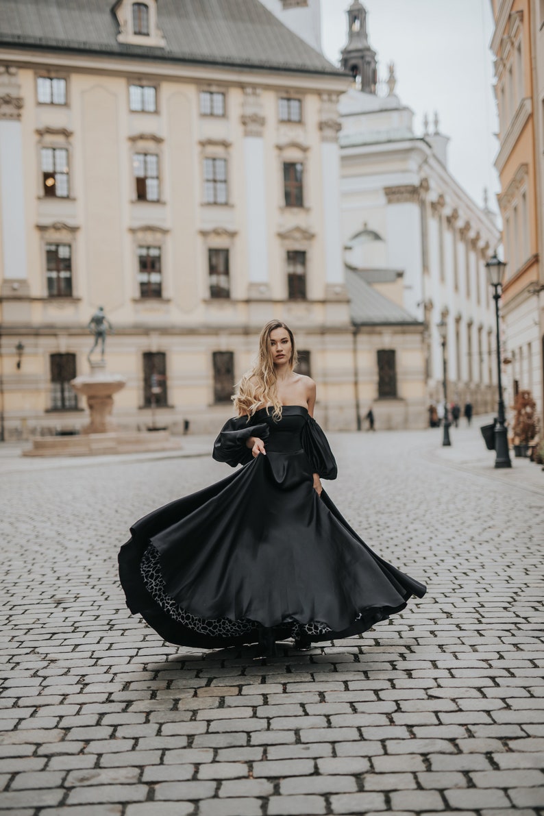 Elegant Black Satin Evening Gown with Lantern Sleeves and Slit Prom Dress, Guest party dress, Formal Ball Gown, graduation dress image 7