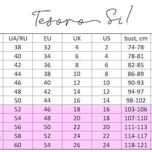 May include: Size chart with measurements in centimeters for bust, waist, and hips, along with corresponding sizes in UA/RU, EU, UK, and US. The chart includes standard and plus sizes, with the brand name "Tesoro Si!" at the top.