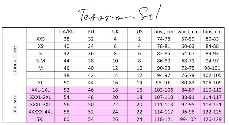 May include: Size chart with measurements in centimeters for bust, waist, and hips, along with corresponding sizes in UA/RU, EU, UK, and US. The chart includes standard and plus sizes, with the brand name "Tesoro Si!" at the top.