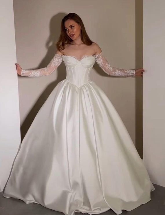 Princess Wedding Dress with Basque Corset, Mikado & Chantilly Lace, Glamorous Off-Shoulder Gown with Lace Sleeves, Luxurious Bridal Dress Princess Wedding Dress with Basque Corset, Mikado & Chantilly Lace, Glamorous Off-Shoulder Gown with Lace Sleeves, Luxurious Bridal Dress