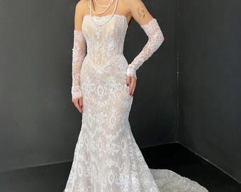 Lace Mermaid Wedding Dress with Long Train, Strapless Bridal Gown, Off Shoulder Lace Sleeves, Elegant Fitted Bridal Dress