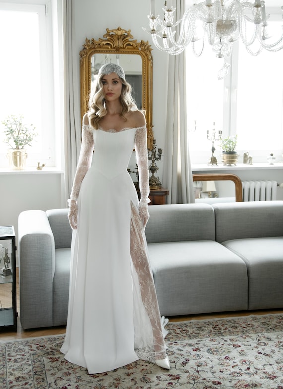 Off Shoulder Wedding Dress, Long Sleeve Lace Bridal Gown with Slit, Modern Minimalist Corset Dress with Train, Elegant Romantic Bride Off Shoulder Wedding Dress, Long Sleeve Lace Bridal Gown with Slit, Modern Minimalist Corset Dress with Train, Elegant Romantic Bride