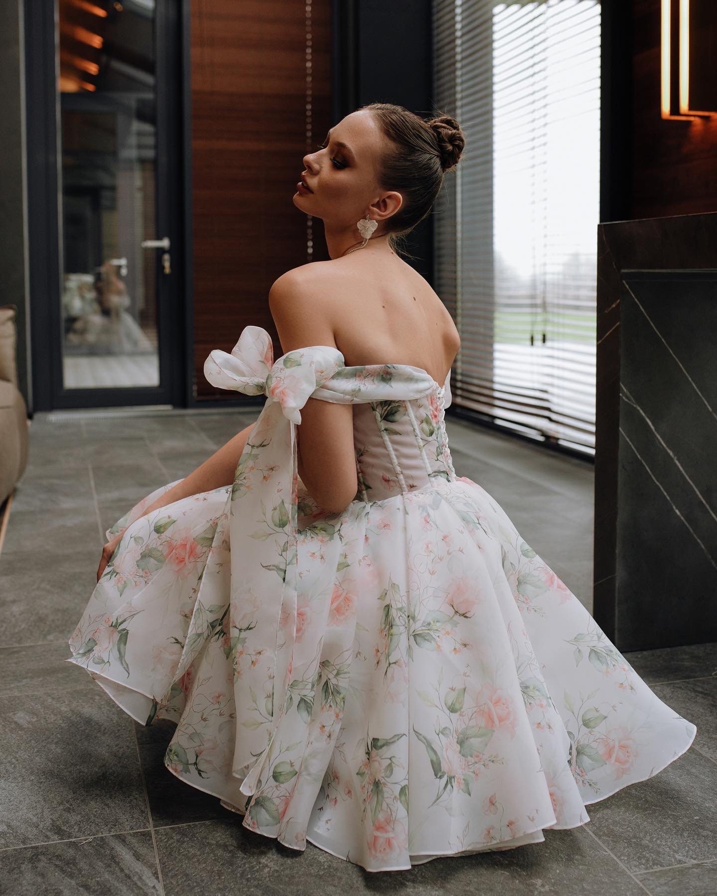Floral Print Corset Midi Dress With Bow & Harnesses