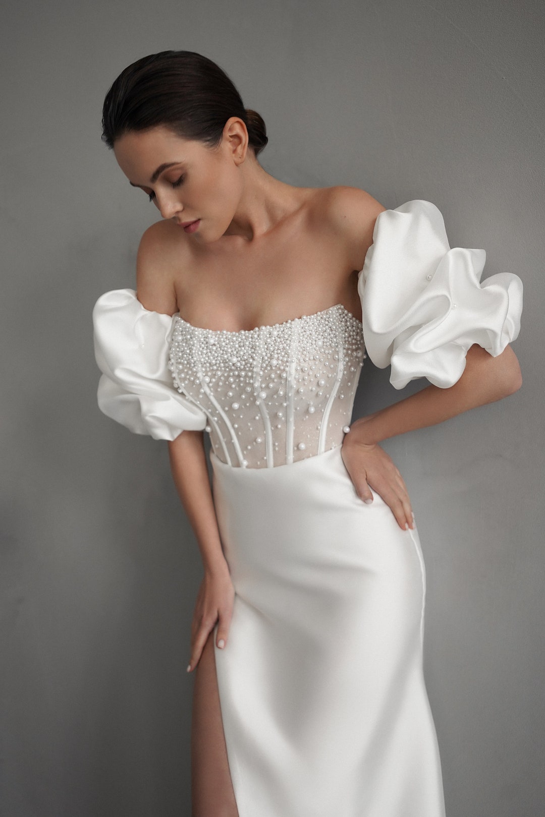 Elegant Mikado Wedding Dress With Corset, Pearl Embroidery, Detachable ...
