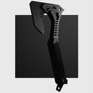 May include: A black tactical axe with a textured handle and a sharp blade. The axe is made of metal and has a sleek, modern design.