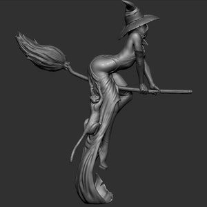May include: A gray 3D model of a witch riding a broomstick with a cat clinging to her dress. The witch is wearing a pointed hat and a long dress. The cat is looking up at the witch.