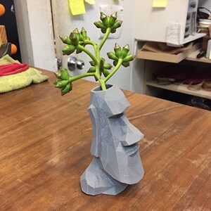 May include: A gray 3D printed vase shaped like a Moai head with a small green plant inside.