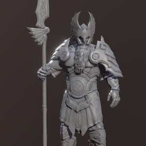 May include: A gray, detailed figurine of a warrior in full armor, holding a spear. The warrior has a helmet with wing-like features and a long beard. The armor includes shoulder pads, chest armor, and leg guards. The spear has an ornate blade.