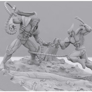 May include: A gray 3D printed figurine of two characters from a comic book, one with a long cape and the other with claws, fighting on a rocky base.