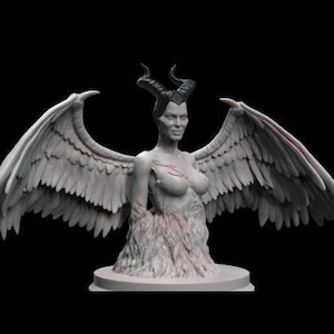 May include: A gray and white sculpted bust of a woman with black horns and large feathered wings. The woman is wearing a tattered dress and has a fierce expression on her face.