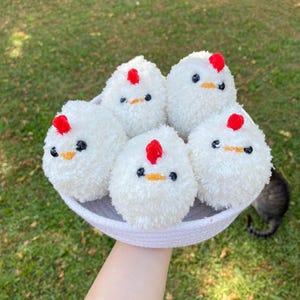 Puede incluir: Una cesta blanca tejida llena de seis juguetes de pollo de peluche. Cada pollo tiene un cuerpo blanco, una cresta roja, ojos negros y un pico naranja. La cesta es sostenida por una mano contra un fondo de hierba verde.