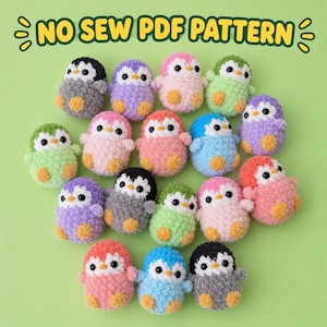 May include: A collection of sixteen small, round, crocheted penguin plushies in various pastel and solid colors including pink, blue, green, purple, gray, and black. Each plush features white face patches, black eyes, and orange feet. Text reads NO SEW PDF PATTERN.