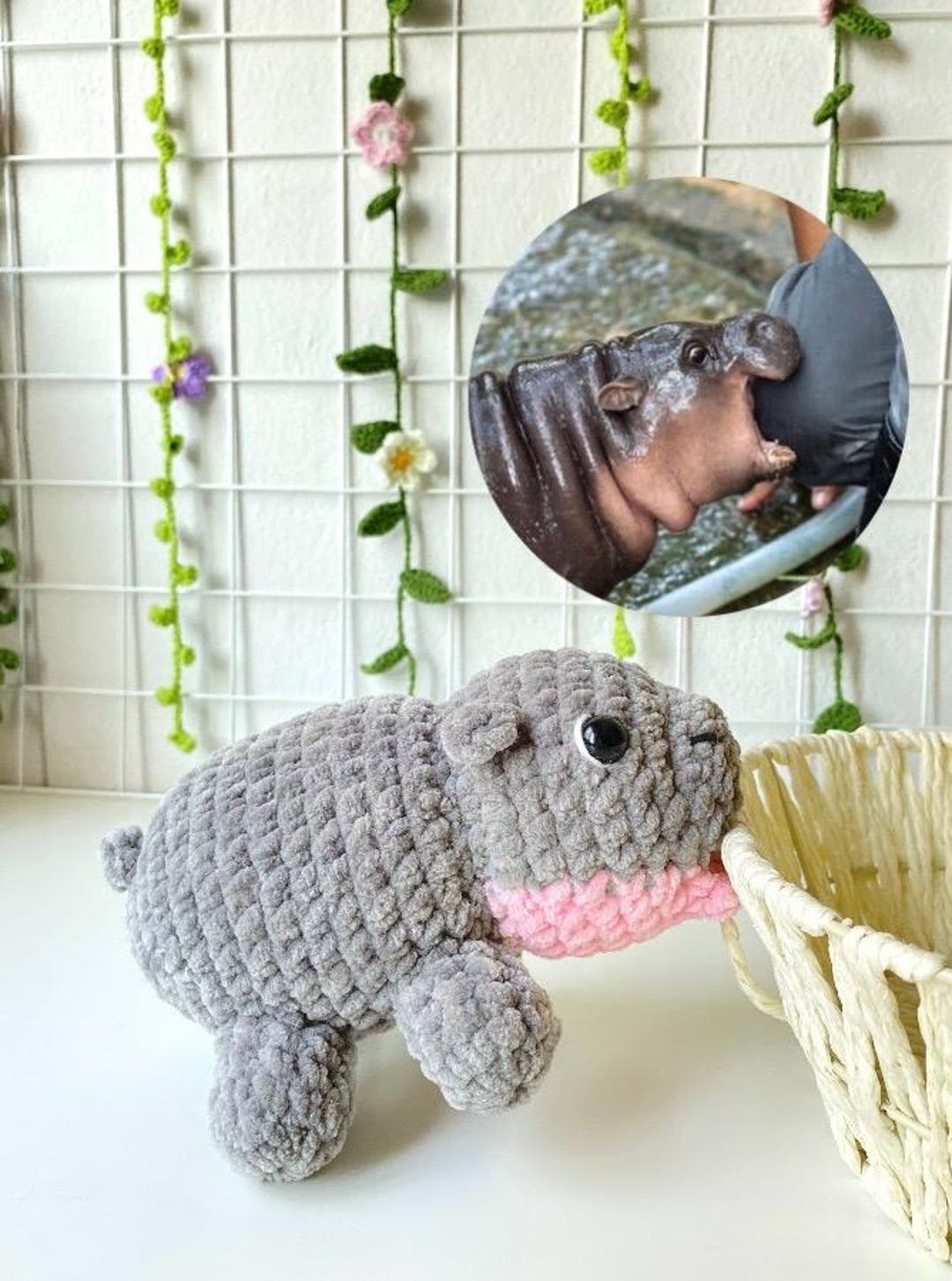 Moo Deng Crochet , Baby Hippo Stuffed Animal Amigurumi , Cute Biting