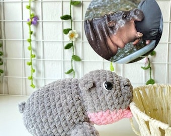 Moo Deng häkeln, Baby Nilpferd Stofftier Amigurumi, niedlich beißende Nilpferd, Plüsch Moo Deng, Mohn Baby Nilpferd