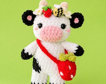 Strawberry Cow , Sunflower cow , strawberry moo , crochet cow, amigurumi cow , handmade gift , Sunflower cow plushie, crochet cow plush