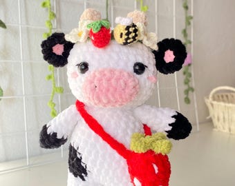 Strawberry Cow , Sunflower cow , strawberry moo , crochet cow, amigurumi cow , handmade gift , Sunflower cow plushie, crochet cow plush