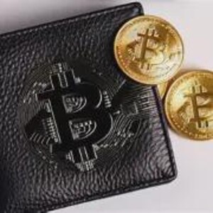 May include: A black textured leather wallet featuring a prominent embossed Bitcoin logo on the front, accompanied by two shiny gold-coloured physical Bitcoin tokens resting on the surface next to the wallet.