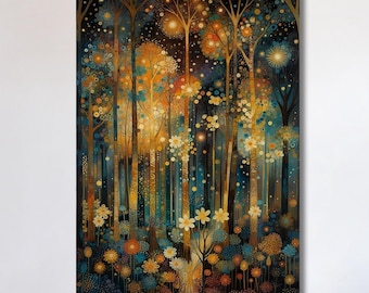 Luna mágica del bosque inspirada en Gustav Klimt Reproducción de Klimt Impresiones de Klimt Decoración infantil Regalo de inauguración Idea de arte mural brillante Lienzo de Klimt