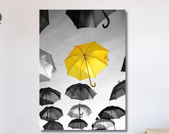 Gelber Regenschirm-Druck Wand-Leinwand Dekor, Regenschirm-Wandkunst, Segeltuch-Hauptdekor, gelber Regenschirm-abstrakter Druck, Regenschirm-Wandkunst, handgemacht