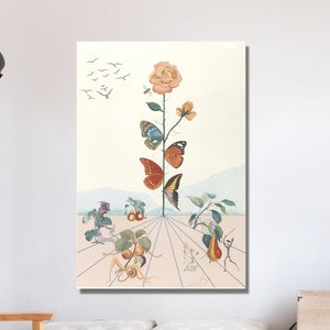 Póster vintage de mariposa y rosa de Salvador Dalí, arte de pared en lienzo, arte impreso de Dalí, arte abstracto de pared en lienzo, arte de pintura de reproducción de Salvador Dalí