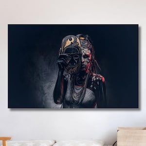 African Canvas Art African Shaman Ritual Woman With Mask Canvas , Extra Large Wall Art , Handmade Gift, Christmas Gift, Canvas Wall Art