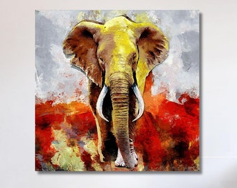 カラフルな象のオリジナル水彩画 レインボー象 風水 野生動物 動物