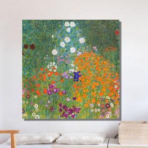 Póster de Gustav Klimt, jardín de la cabaña, flores de Klimt, decoración de pared floral, arte de pared de primavera, pintura de Gustav Klimt, regalo hecho a mano, idea de regalo